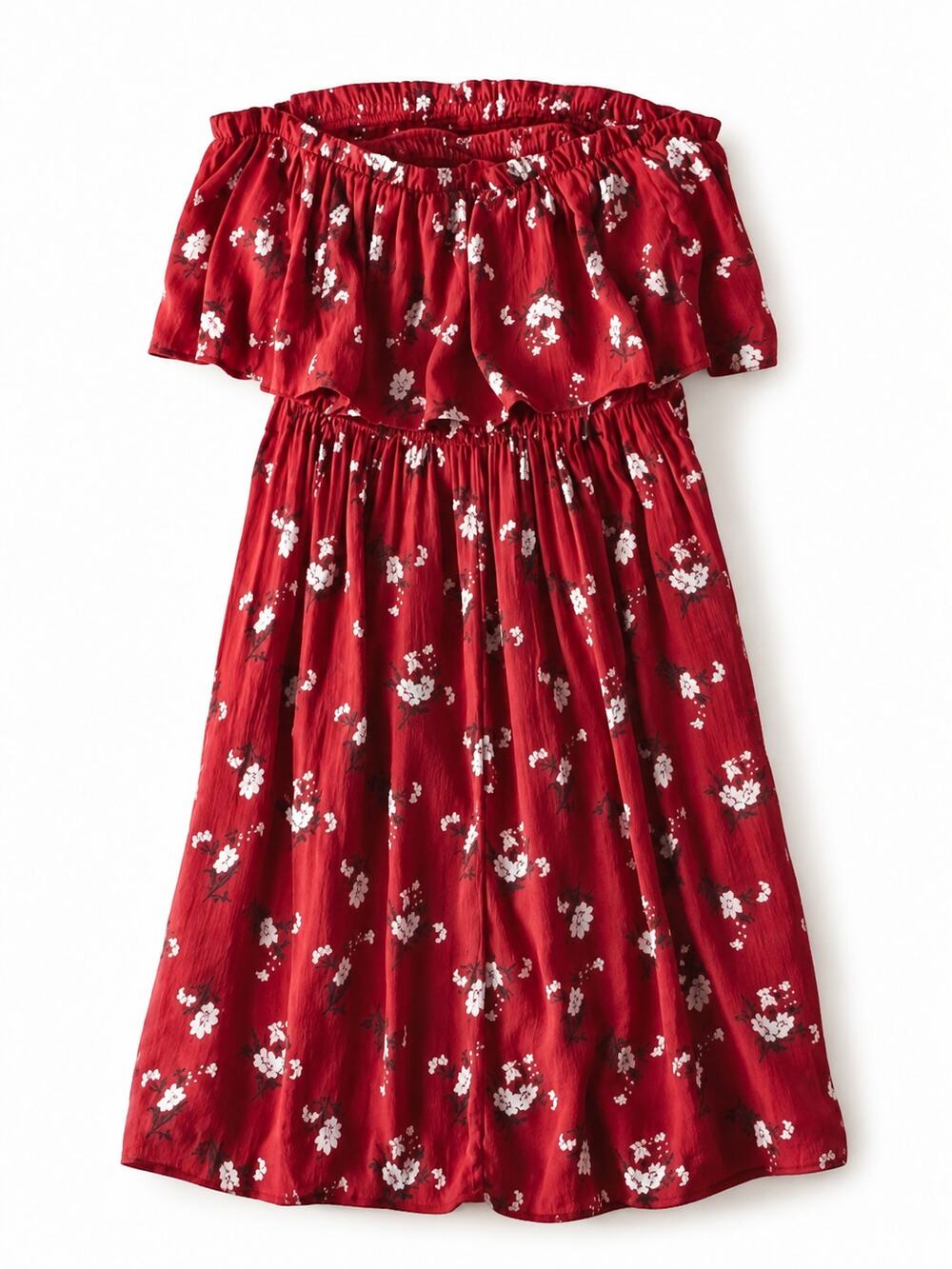 American Eagle Red Floral Smocked Off Shoulder Ruffle Dress XS